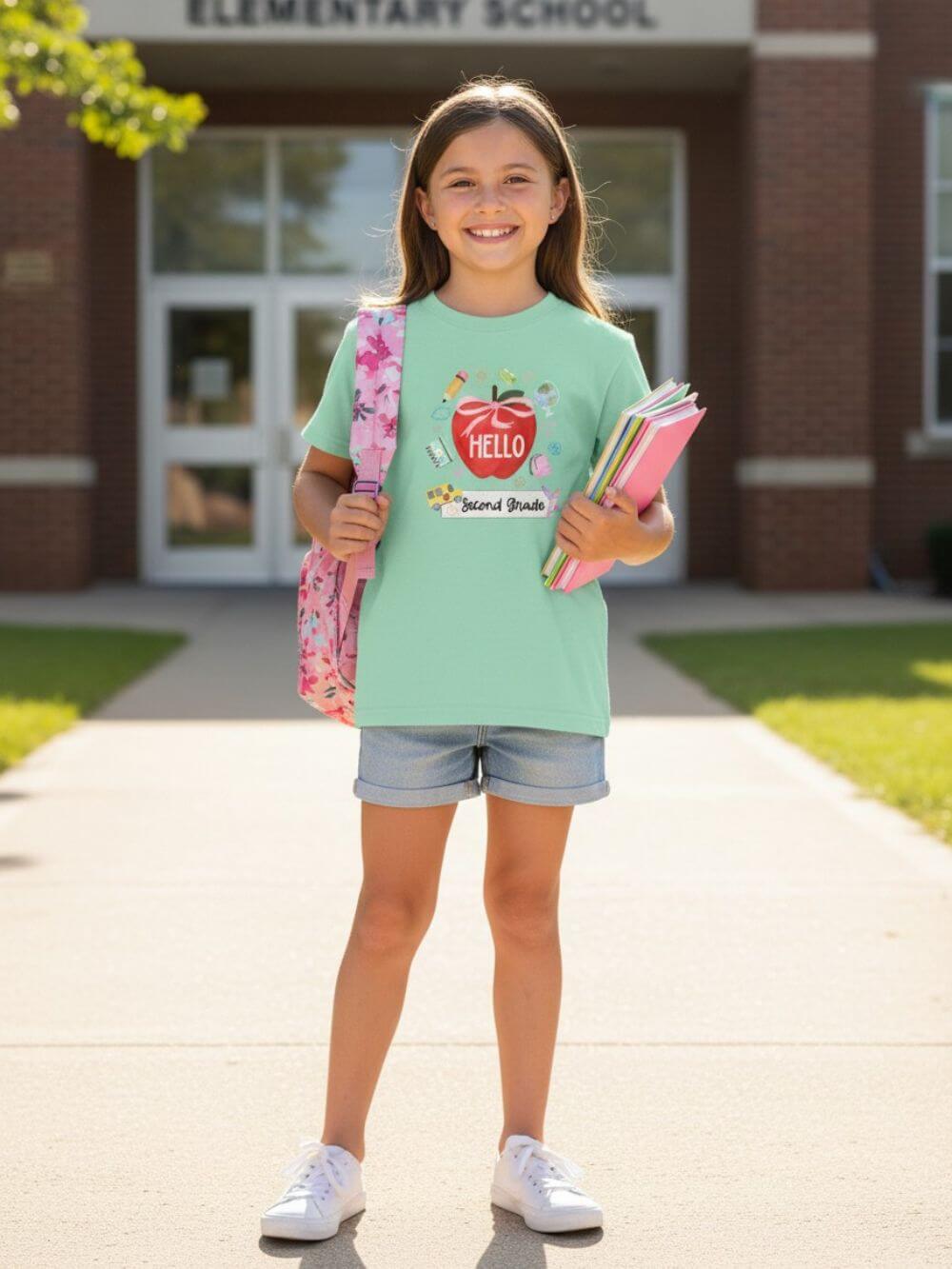 Hello Second Grade Preppy Coquette Apple Graphic Tee Back to School 2nd Grade T-Shirt