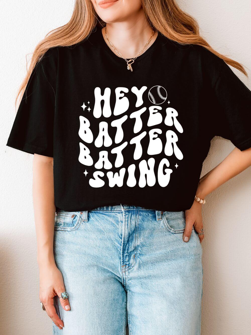 Hey Batter Batter Swing Baseball or Softball Retro Font Graphic T-Shirt Sports Tee (12 Team Colors)