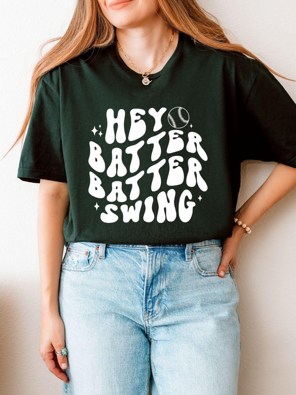 Hey Batter Batter Swing Baseball or Softball Retro Font Graphic T-Shirt Sports Tee (12 Team Colors)