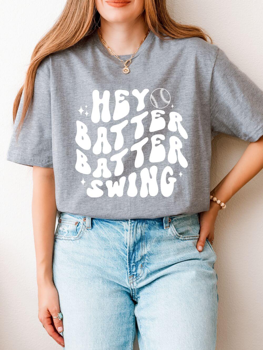 Hey Batter Batter Swing Baseball or Softball Retro Font Graphic T-Shirt Sports Tee (12 Team Colors)