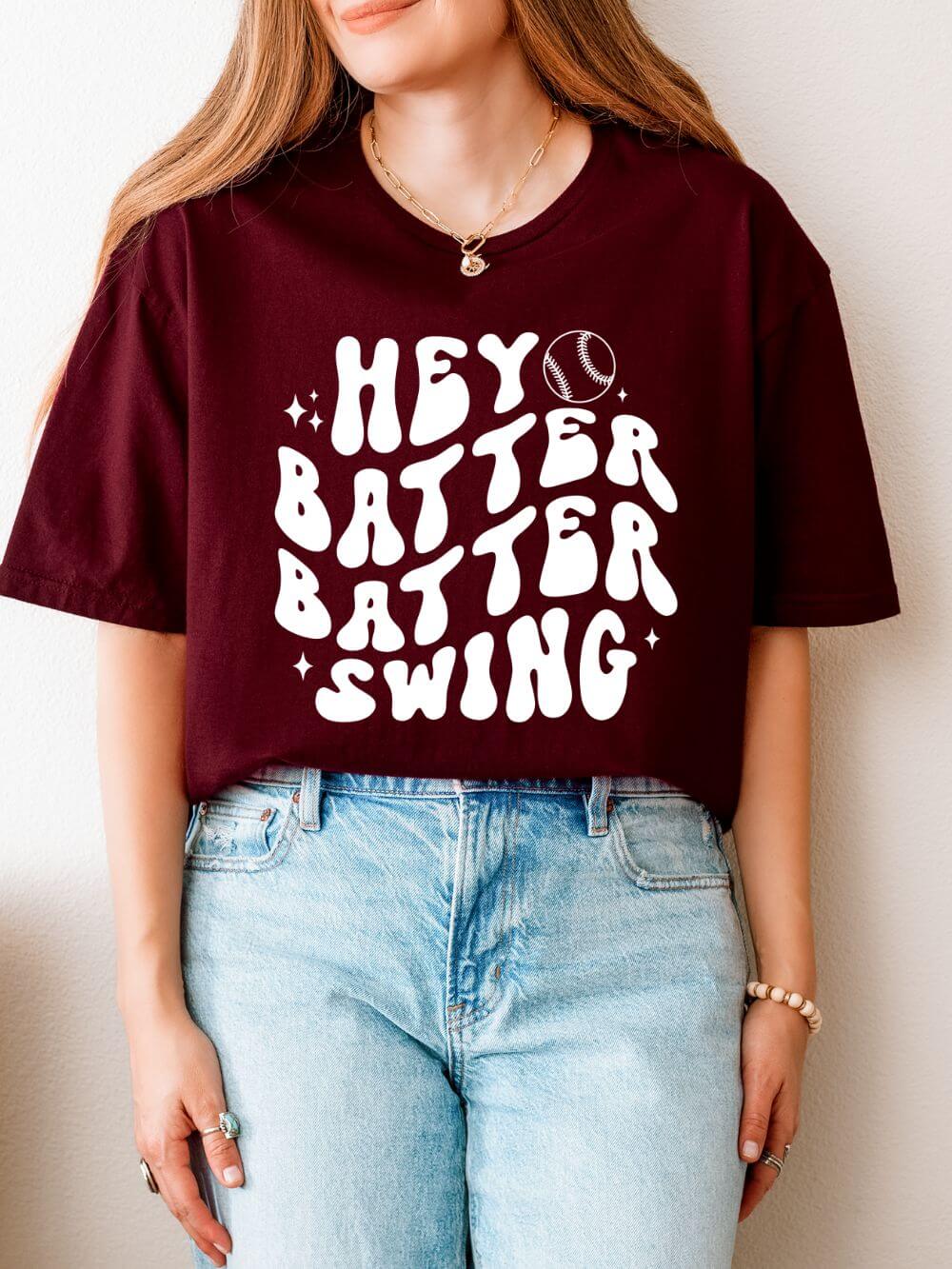 Hey Batter Batter Swing Baseball or Softball Retro Font Graphic T-Shirt Sports Tee (12 Team Colors)