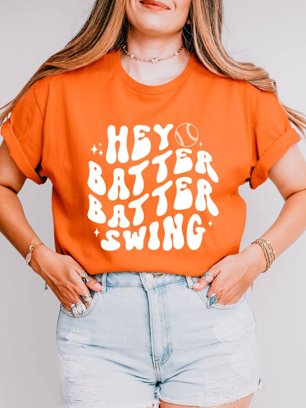 Hey Batter Batter Swing Baseball or Softball Retro Font Graphic T-Shirt Sports Tee (12 Team Colors)