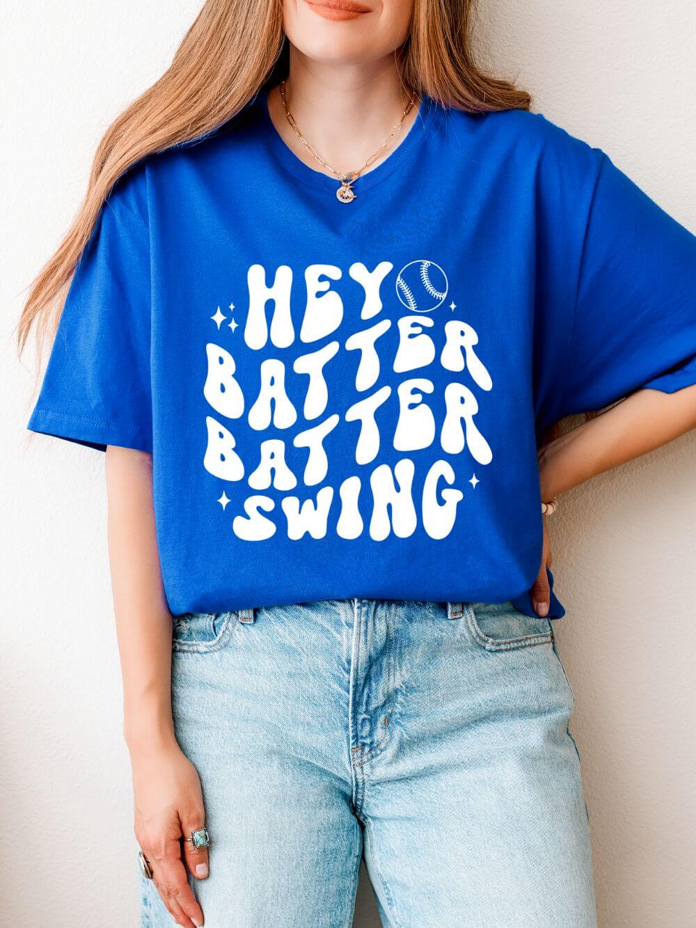 Hey Batter Batter Swing Baseball or Softball Retro Font Graphic T-Shirt Sports Tee (12 Team Colors)