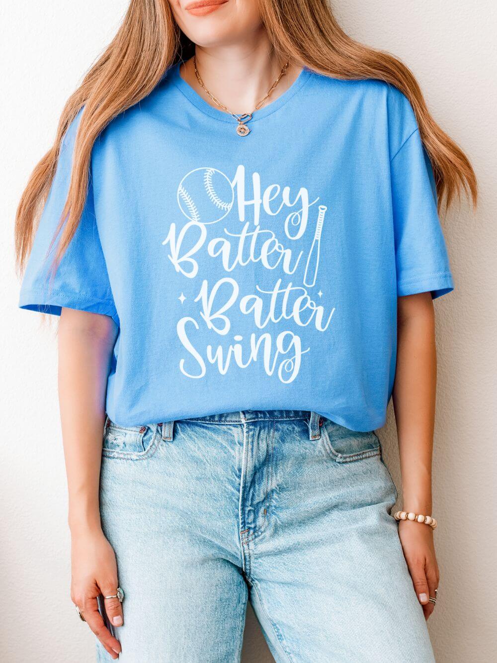 Hey Batter Batter Swing Baseball Graphic T-Shirt Cute Sports Mom Tee (12 Team Colors)