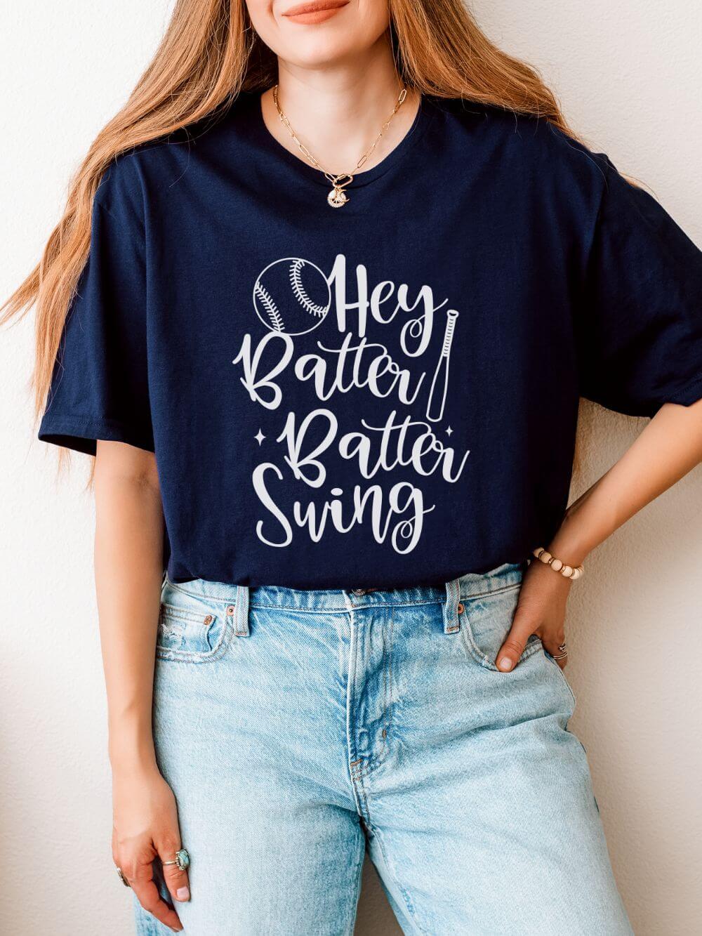 Hey Batter Batter Swing Baseball Graphic T-Shirt Cute Sports Mom Tee (12 Team Colors)