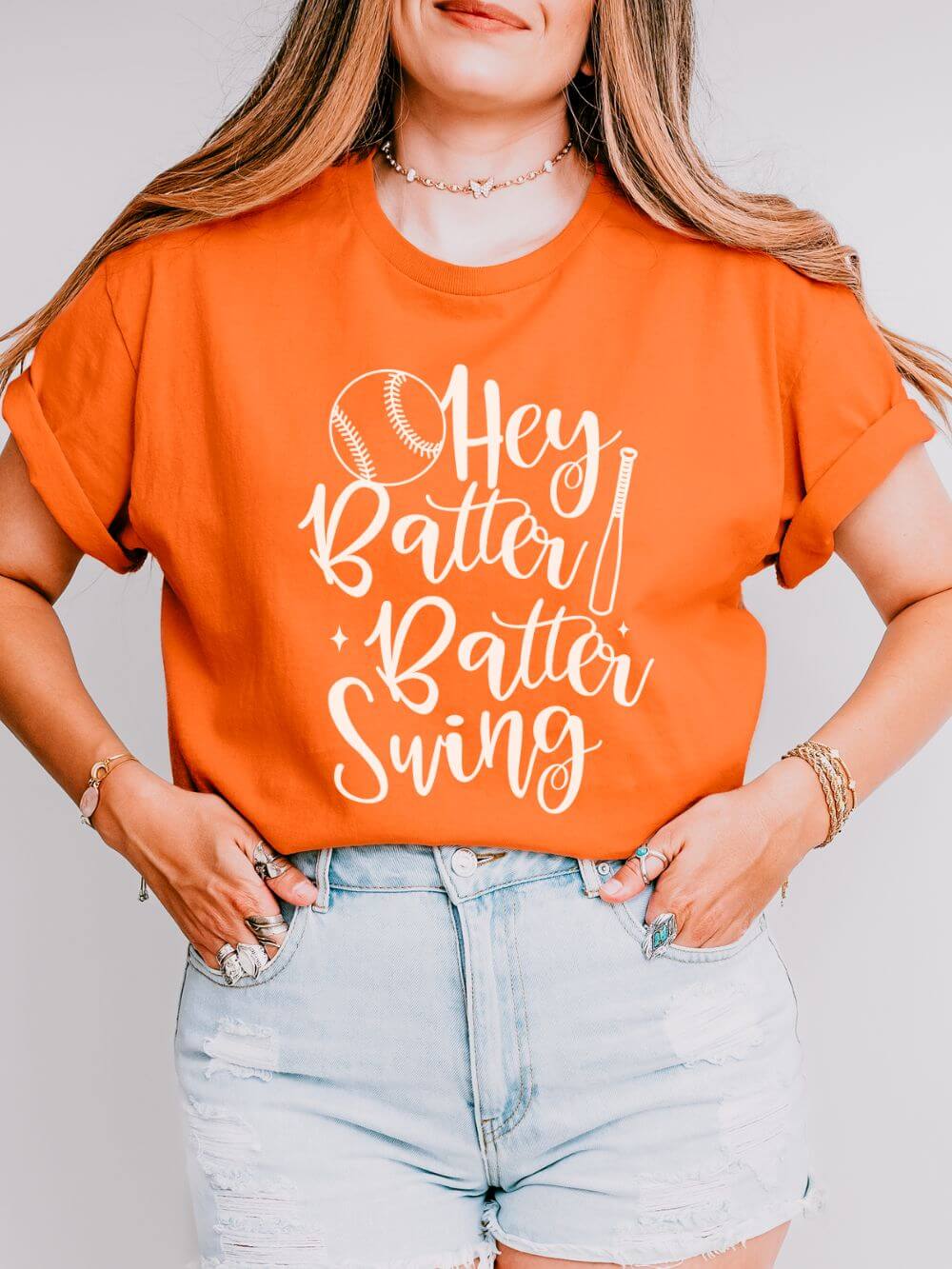 Hey Batter Batter Swing Baseball Graphic T-Shirt Cute Sports Mom Tee (12 Team Colors)