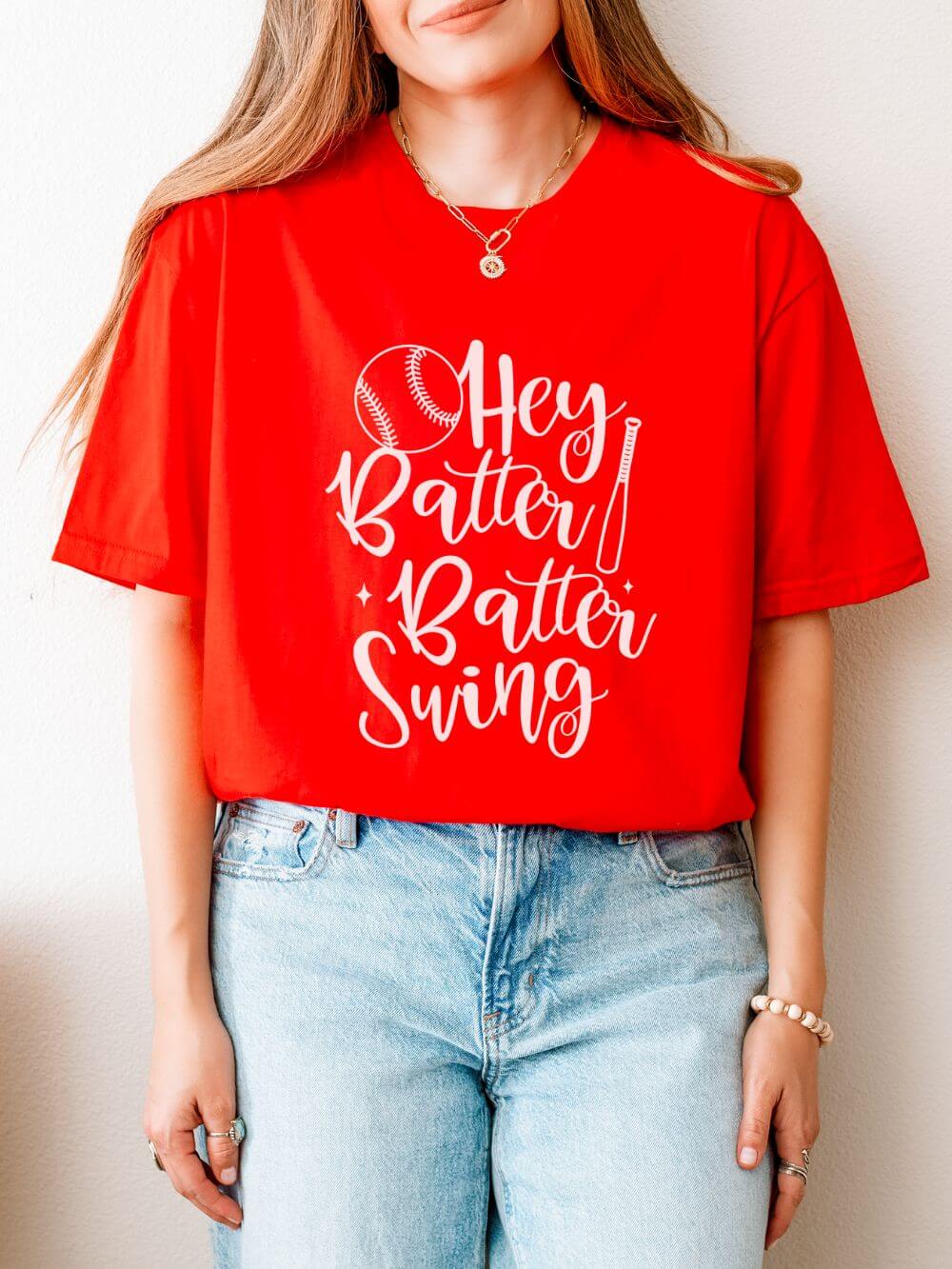 Hey Batter Batter Swing Baseball Graphic T-Shirt Cute Sports Mom Tee (12 Team Colors)