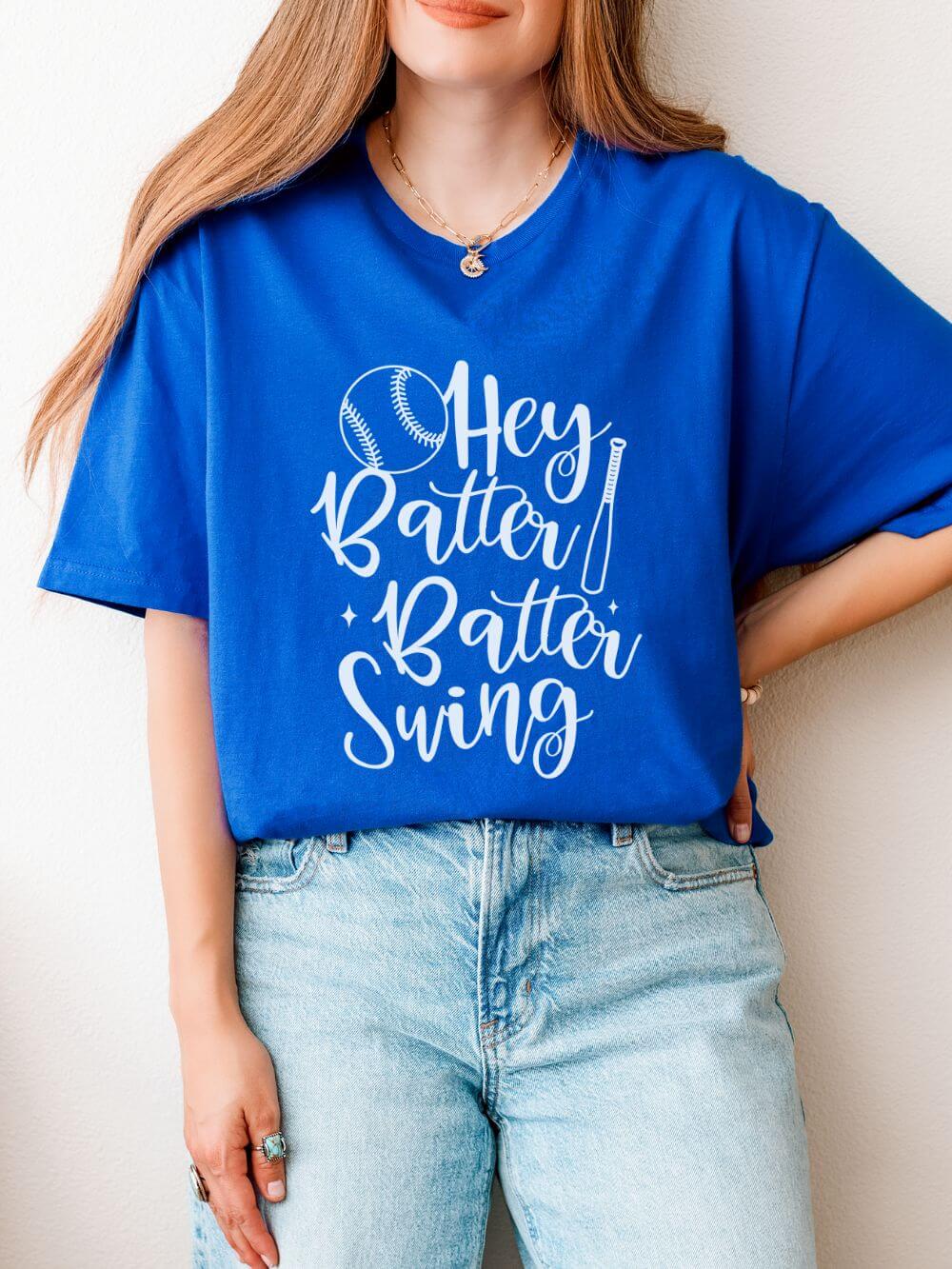 Hey Batter Batter Swing Baseball Graphic T-Shirt Cute Sports Mom Tee (12 Team Colors)