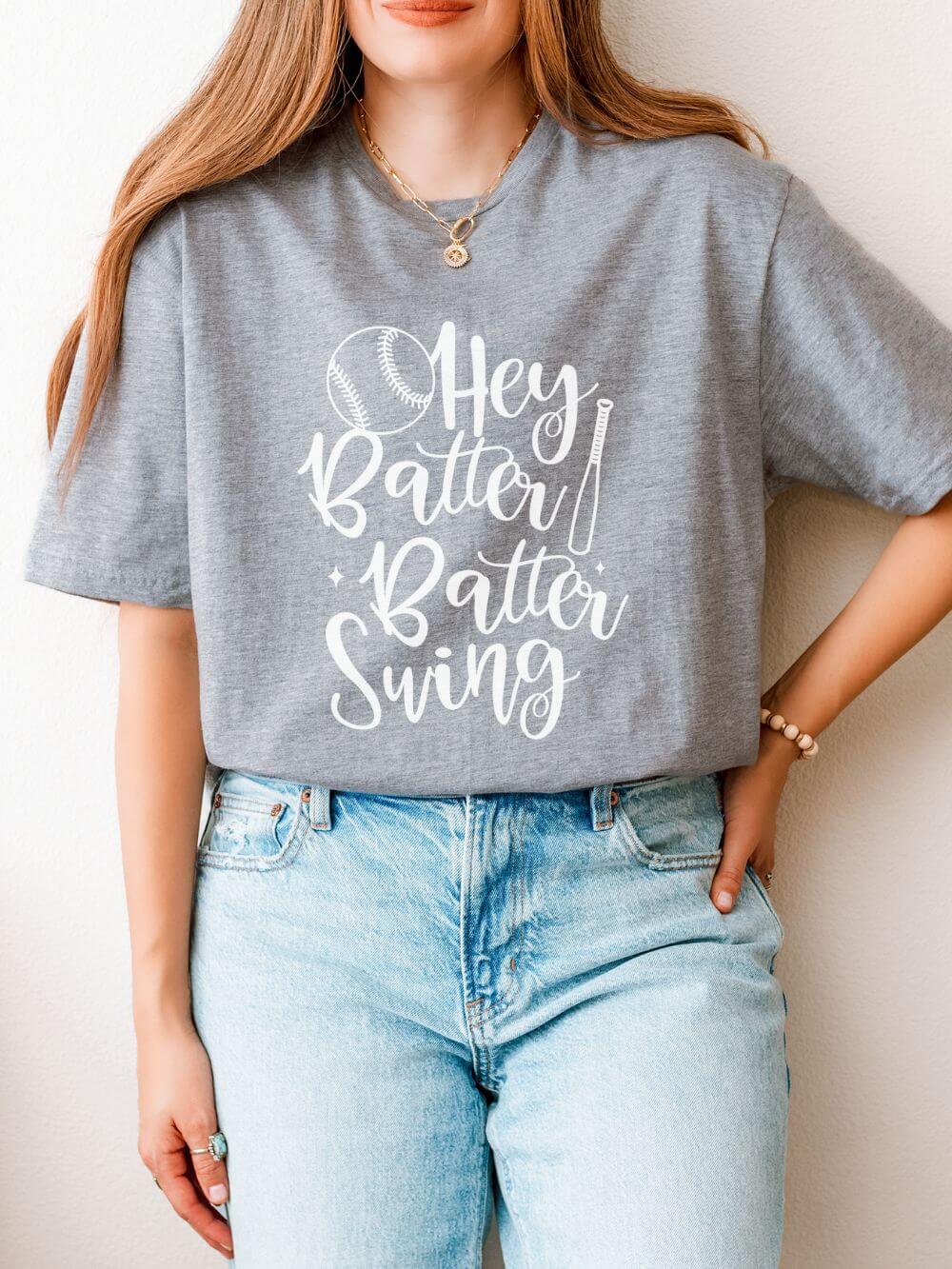 Hey Batter Batter Swing Baseball Graphic T-Shirt Cute Sports Mom Tee (12 Team Colors)