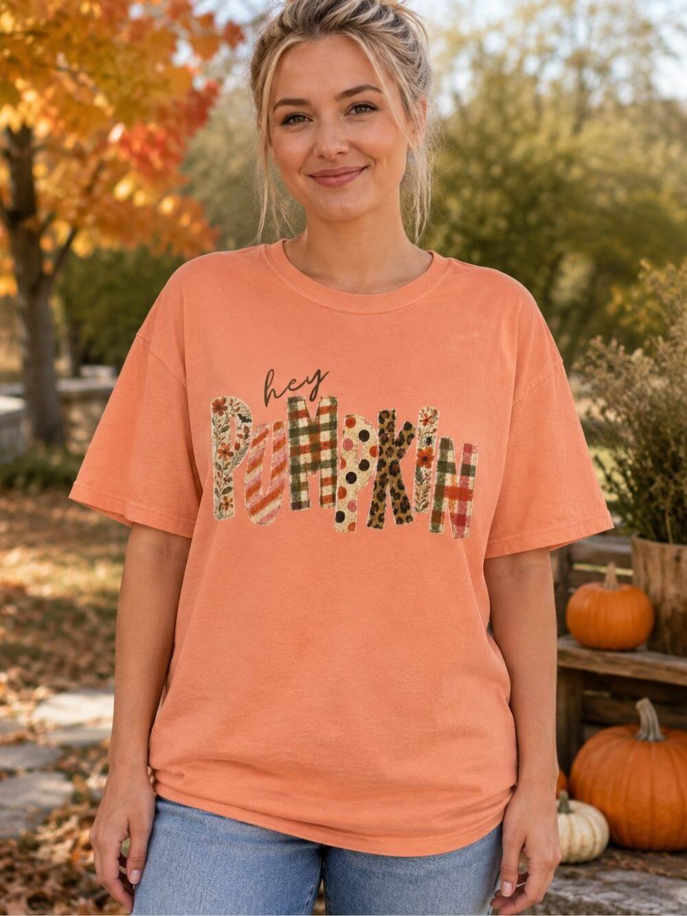 Hey Pumpkin T-Shirt Fall Plaid & Floral Pumpkin Graphic Tee