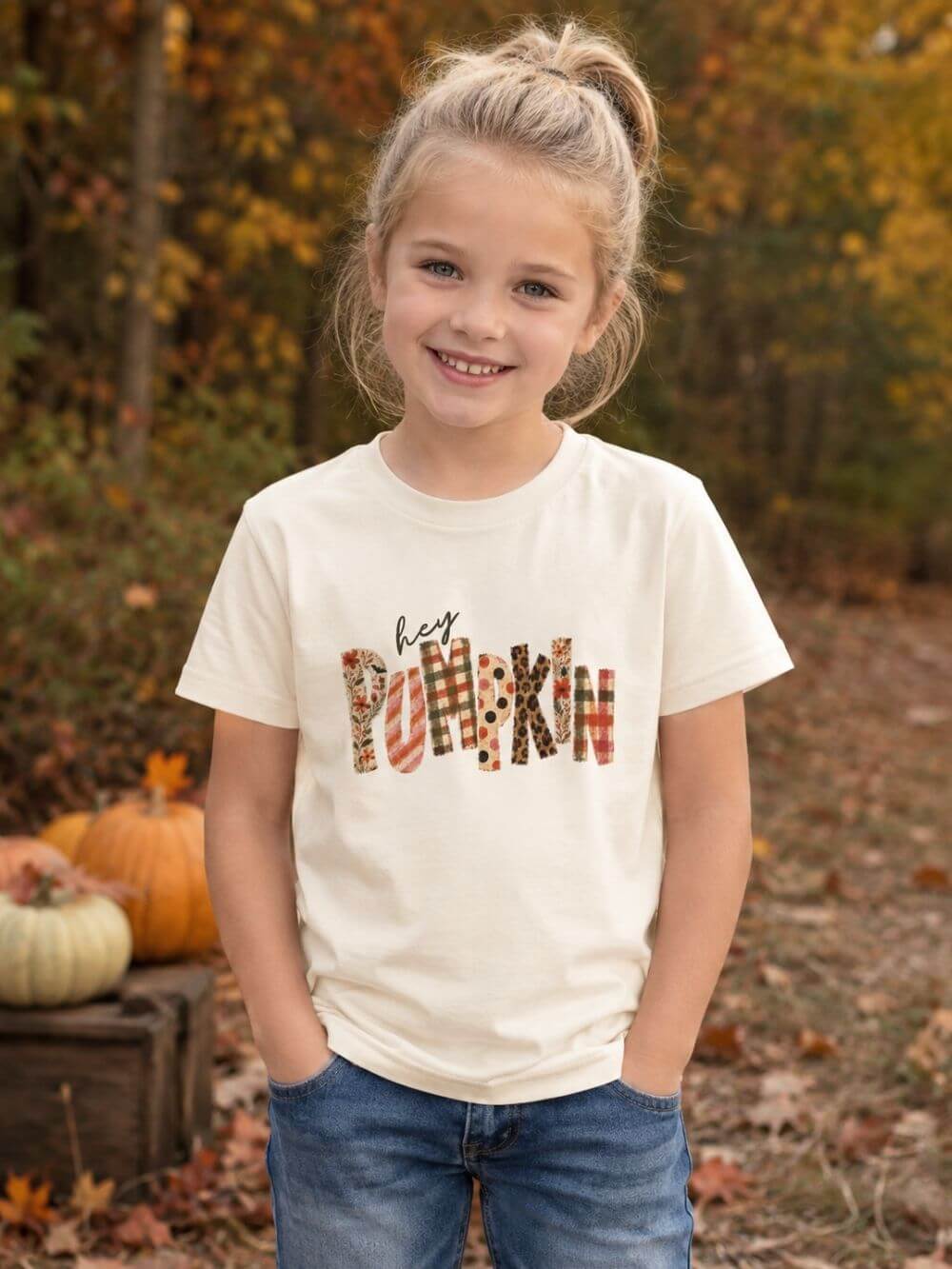Hey Pumpkin T-Shirt Fall Plaid & Floral Pumpkin Kids Graphic Tee