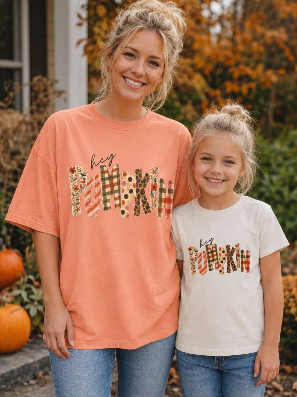 Hey Pumpkin T-Shirt Fall Plaid & Floral Pumpkin Kids Graphic Tee