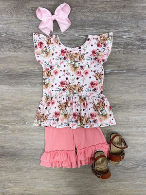Highland Cow Girls Pink Ruffle Trim Shorts Outfit - Sydney So Sweet