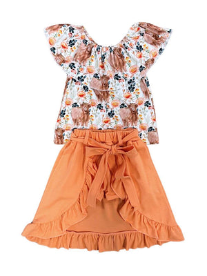Highland Cow Orange Girls Flyaway Skort Outfit - Sydney So Sweet