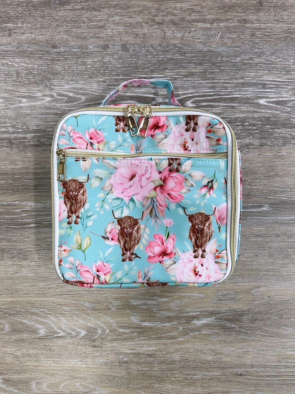 Highland Cow Pink &amp; Blue Floral Lunch Box - Sydney So Sweet