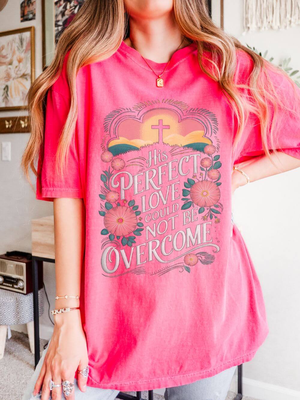 His Perfect Love Could Not Be Overcome Christian T-Shirt Floral Cross Unisex Distressed Tee