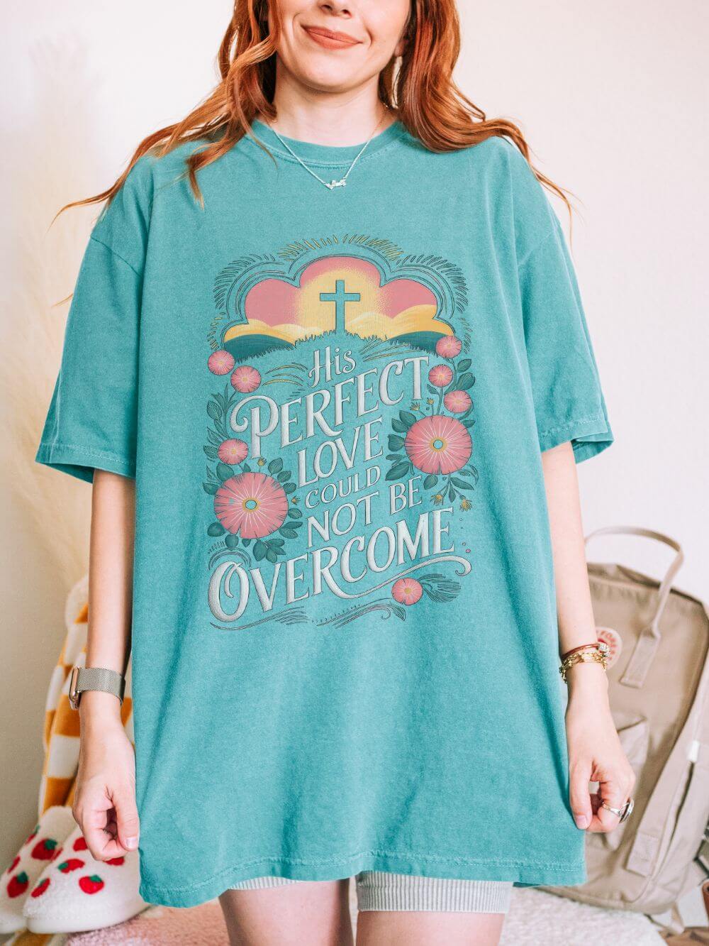 His Perfect Love Could Not Be Overcome Christian T-Shirt Floral Cross Unisex Distressed Tee