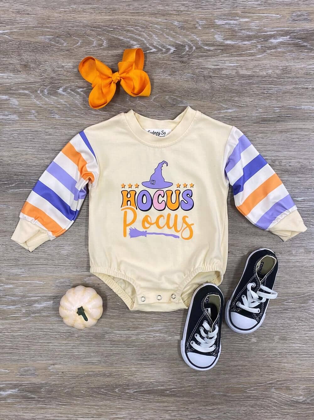 Hocus Pocus Orange &amp; Purple Stripe Witch Baby Romper - Sydney So Sweet