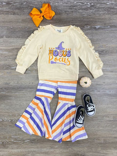 Hocus Pocus Orange & Purple Stripe Witch Girls Bell Bottom Outfit