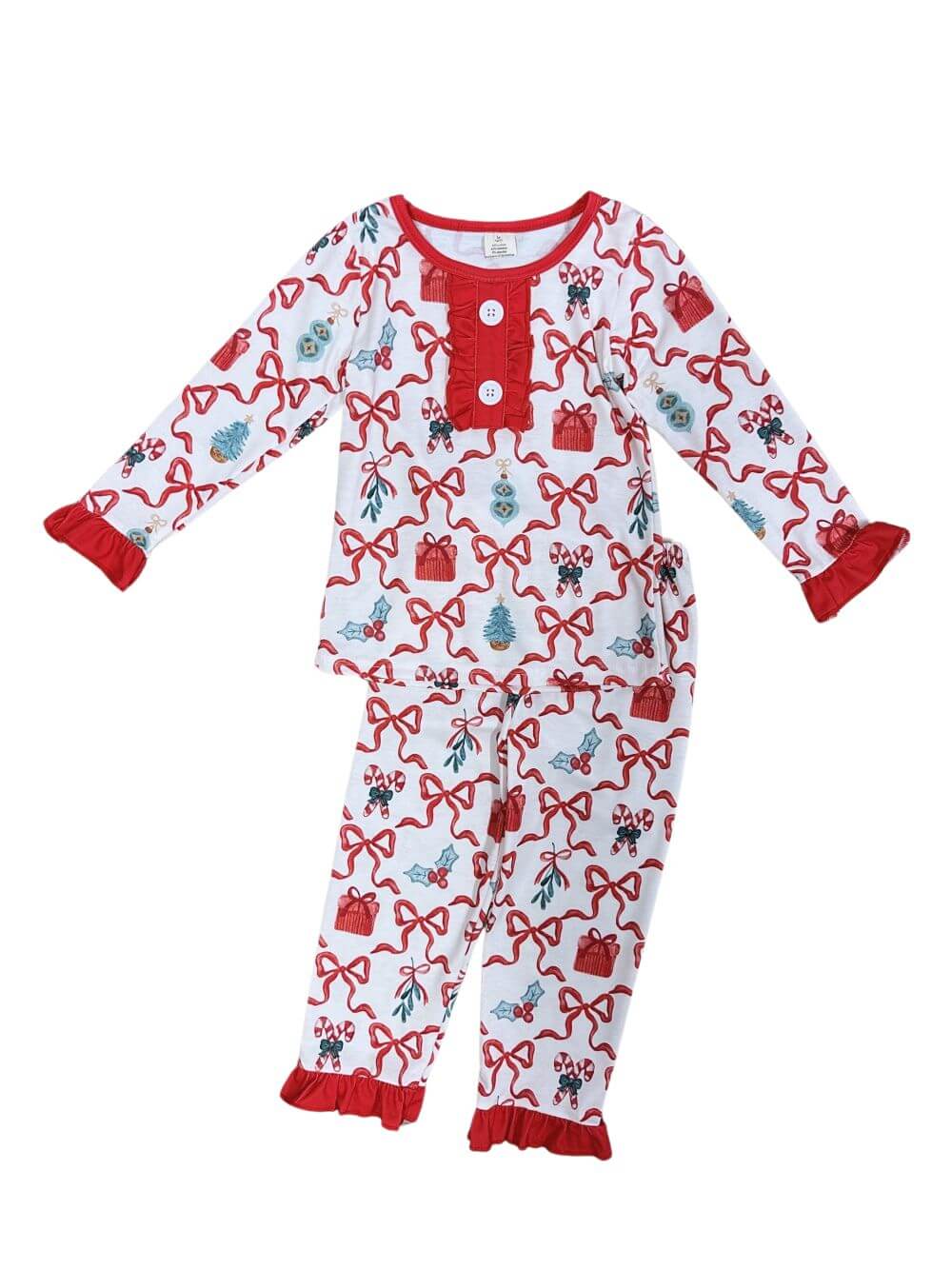 Holiday Cheer Girls Red Bow Long Sleeve Pajama Set - Sydney So Sweet