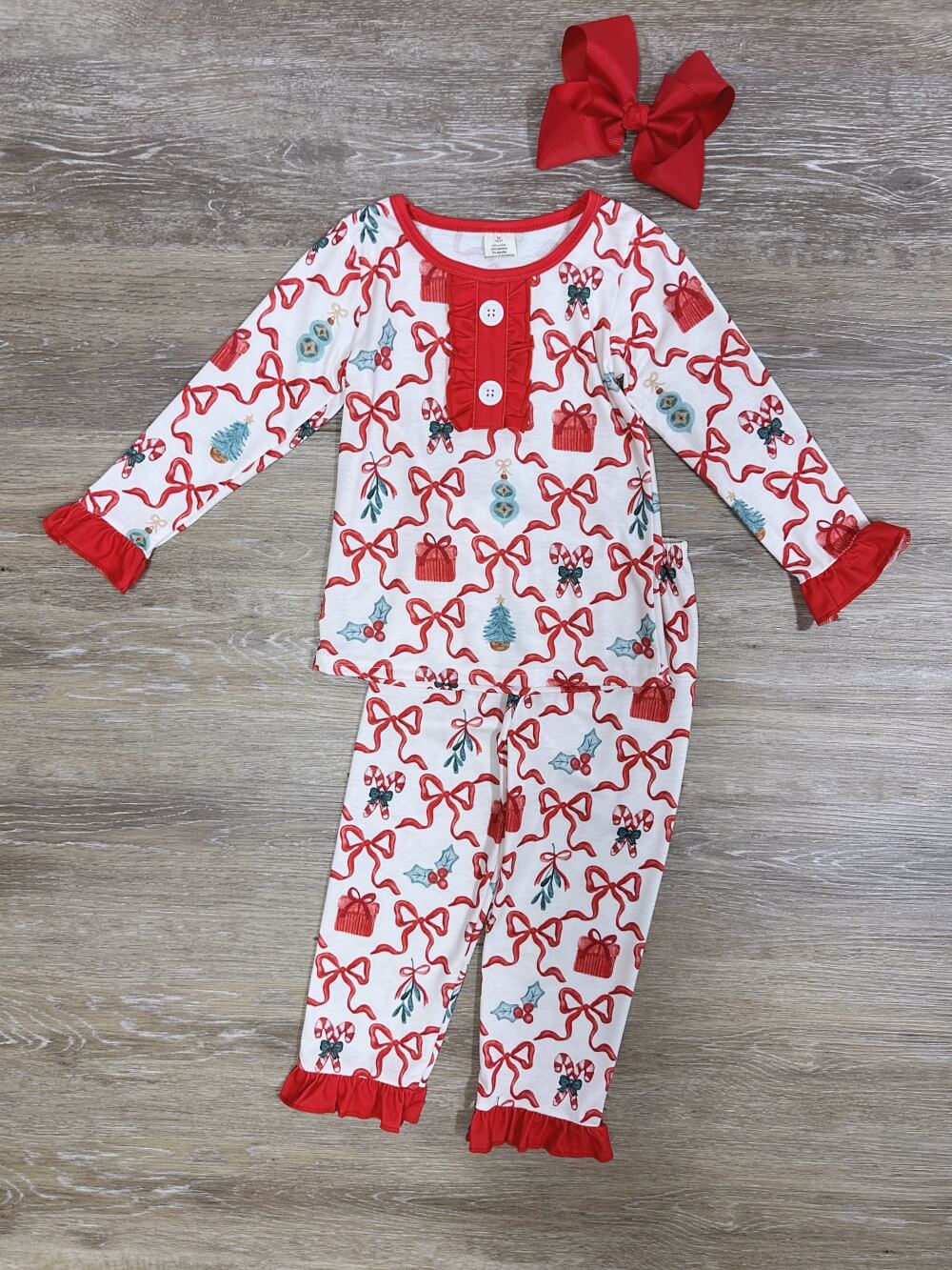 Holiday Cheer Girls Red Bow Long Sleeve Pajama Set - Sydney So Sweet