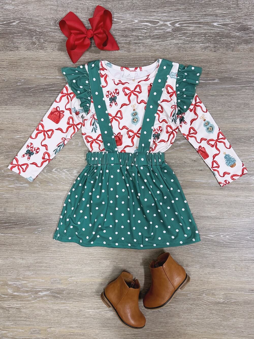 Holiday Cheer Green Polka Dot Girls Suspender Skirt Outfit - Sydney So Sweet