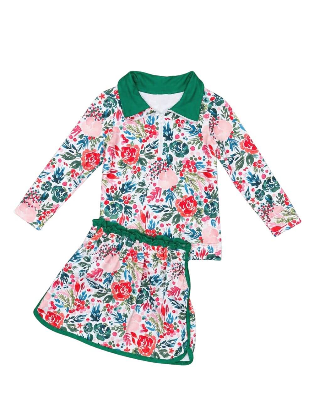 Holiday Floral Girls Quarter Zip Skort Outfit