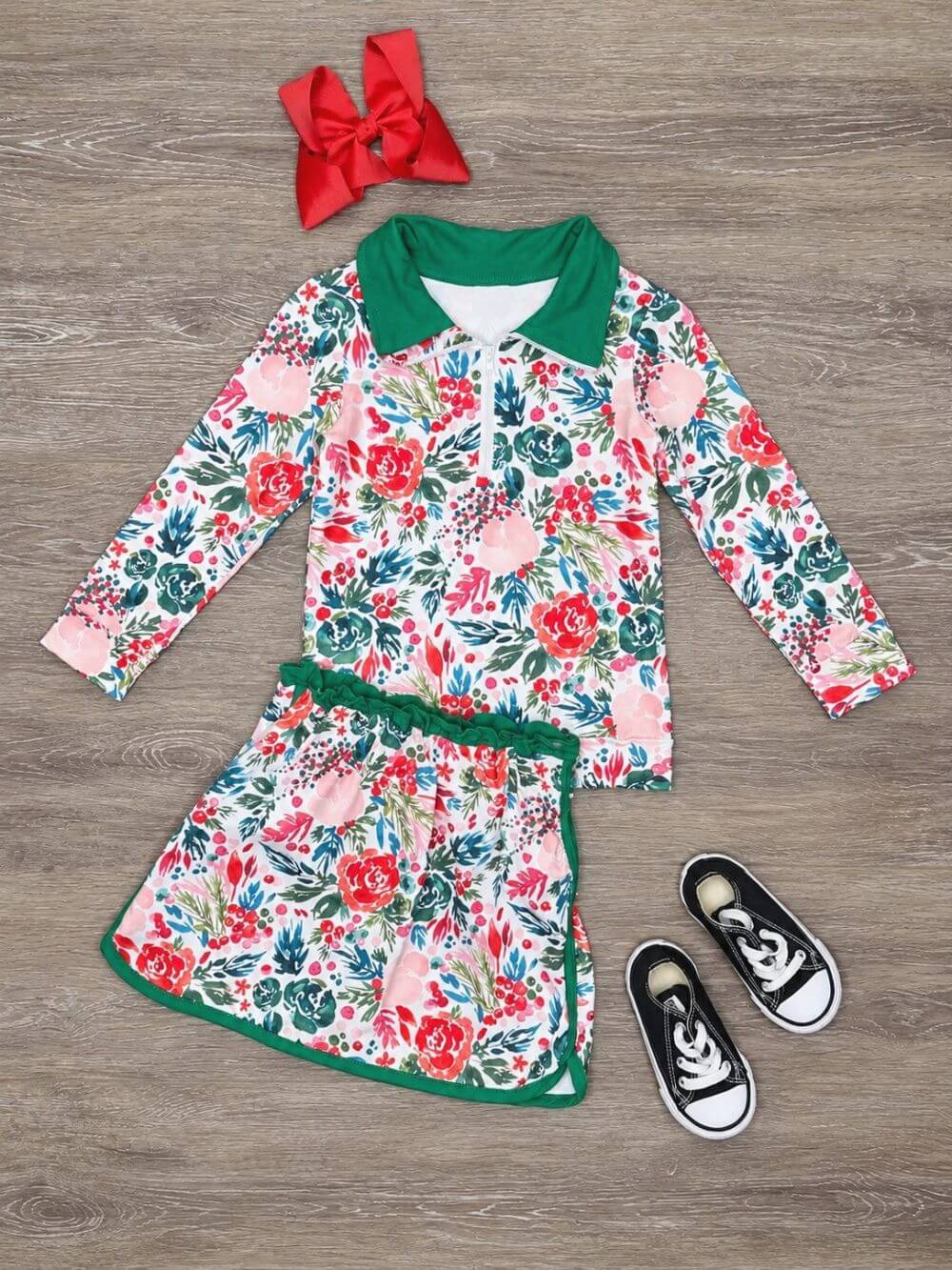 Holiday Floral Girls Quarter Zip Skort Outfit