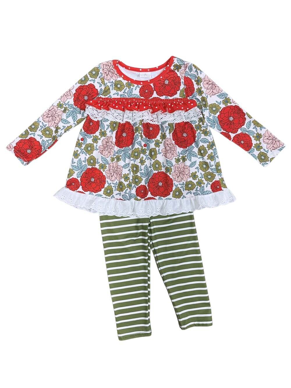 Holiday Floral & Green Stripe Girls Christmas Outfit - Sydney So Sweet