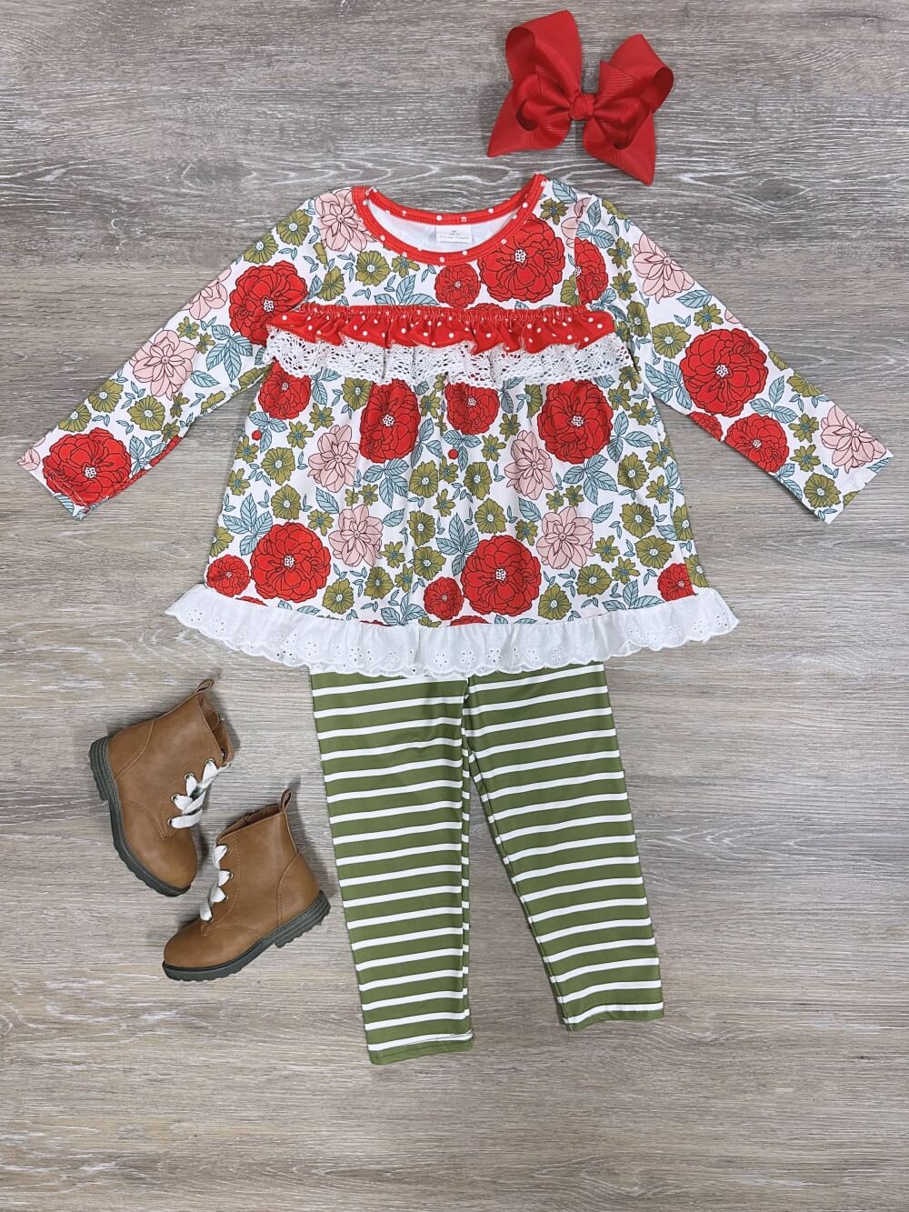 Holiday Floral & Green Stripe Girls Christmas Outfit - Sydney So Sweet