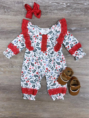Holly Jolly Red Ruffle Red Lace Trim Baby Romper - Sydney So Sweet