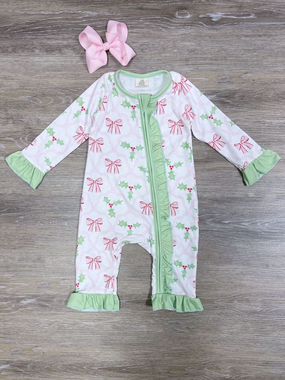 Holly &amp; Bows Mint Green &amp; Pink Christmas Baby Romper - Sydney So Sweet