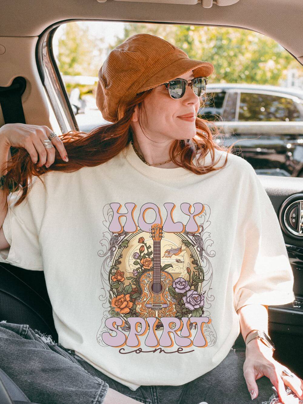 Holy Spirit Come Guitar T-Shirt Vintage Floral Christian Worship Tee