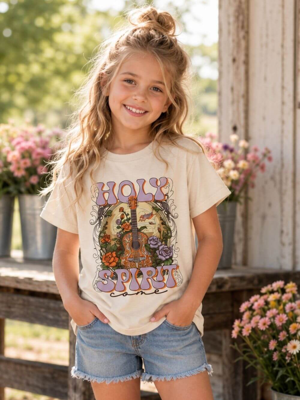 Holy Spirit Come Kids T-Shirt Christian Praise Guitar Graphic Tee
