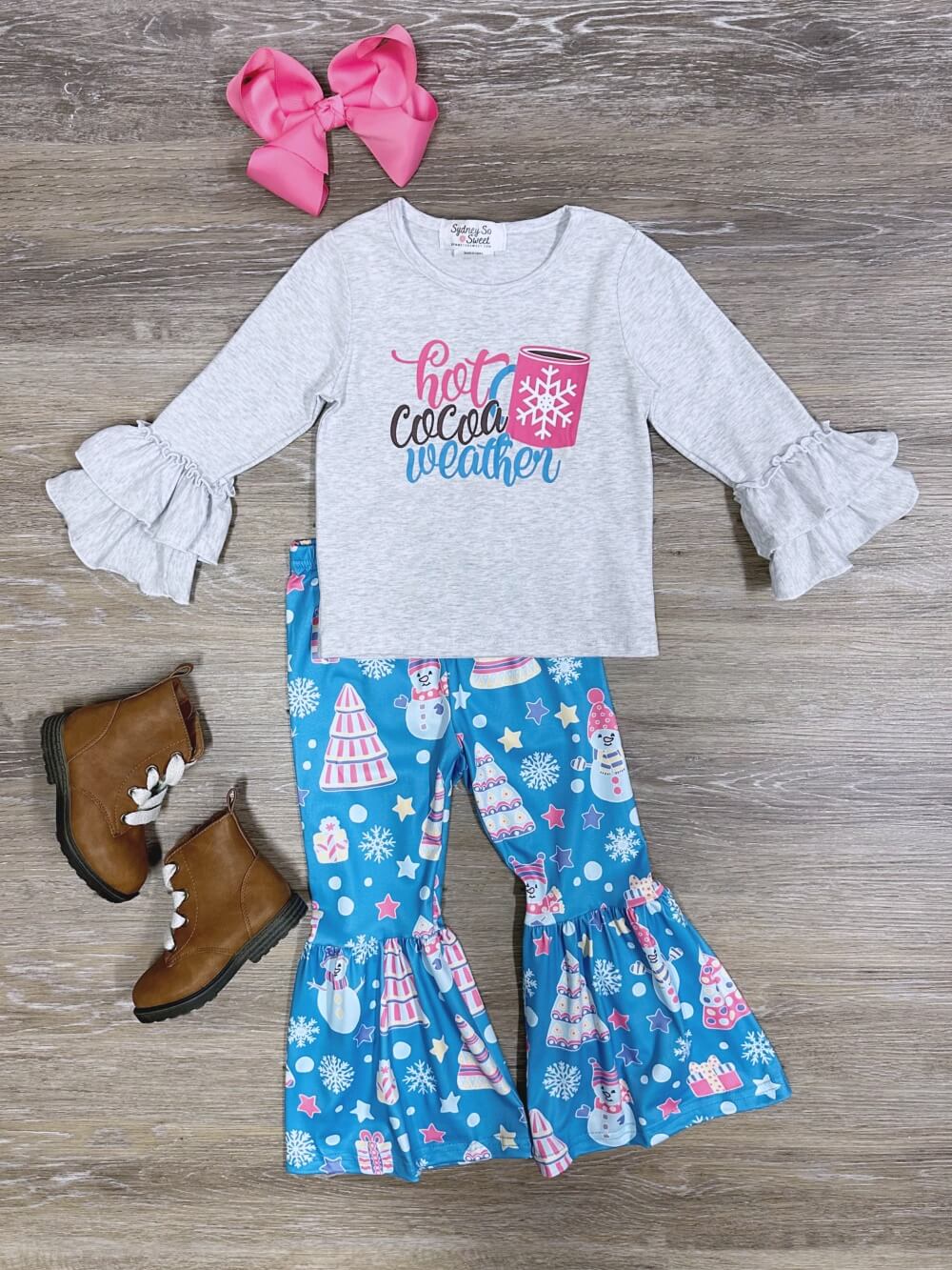 Hot Cocoa Weather Blue &amp; Gray Girls Bell Bottom Outfit - Sydney So Sweet