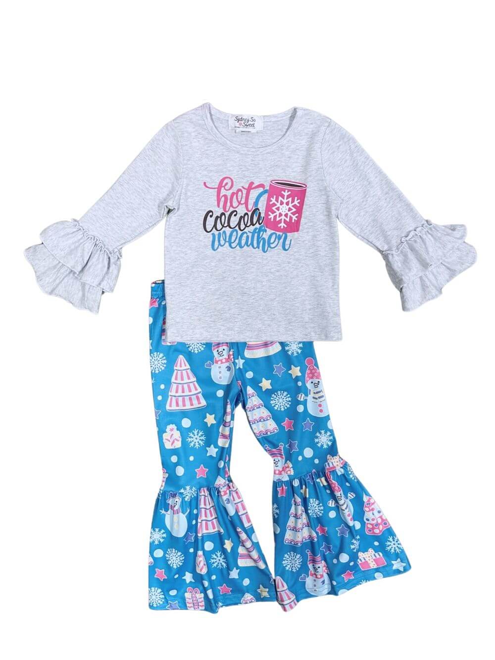 Hot Cocoa Weather Blue & Gray Girls Bell Bottom Outfit - Sydney So Sweet