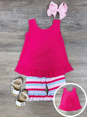 Hot Pink Bow Ruffle Tank Girls Striped Shorts Outfit - Sydney So Sweet