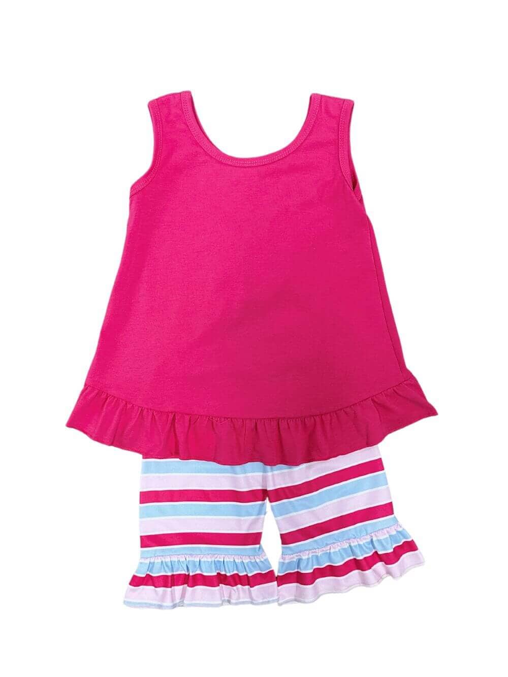 Hot Pink Bow Ruffle Tank Girls Striped Shorts Outfit - Sydney So Sweet