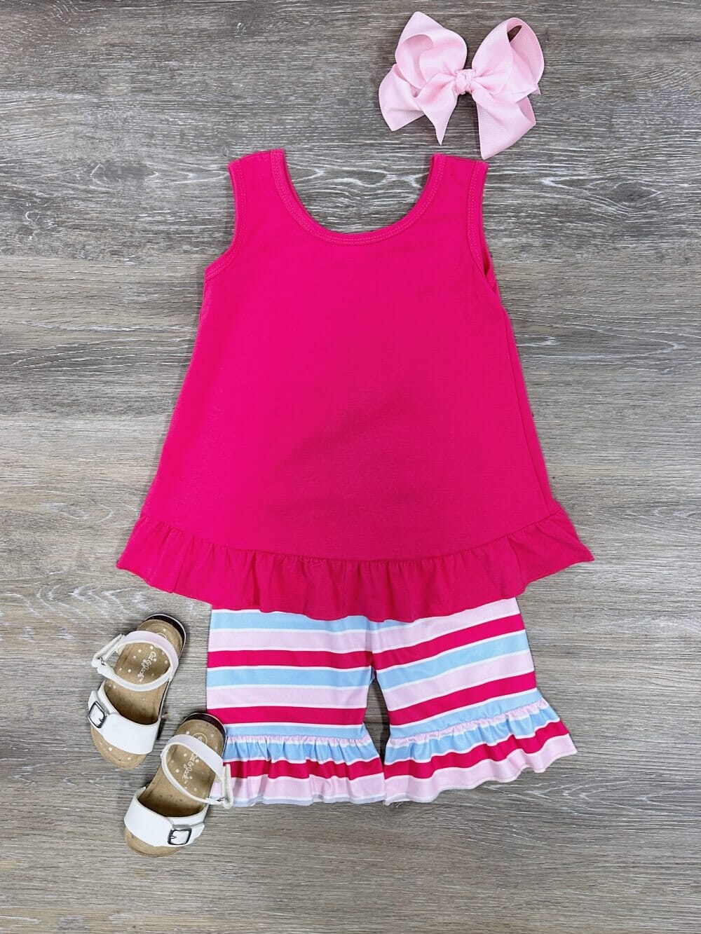 Hot Pink Bow Ruffle Tank Girls Striped Shorts Outfit - Sydney So Sweet