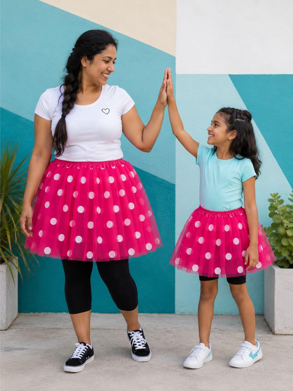 Neon Pink & White Polka Dot Tutu Skirt – 3 Layer Tulle Skirt for Kids & Adults – Costume, Dance, Dress-Up