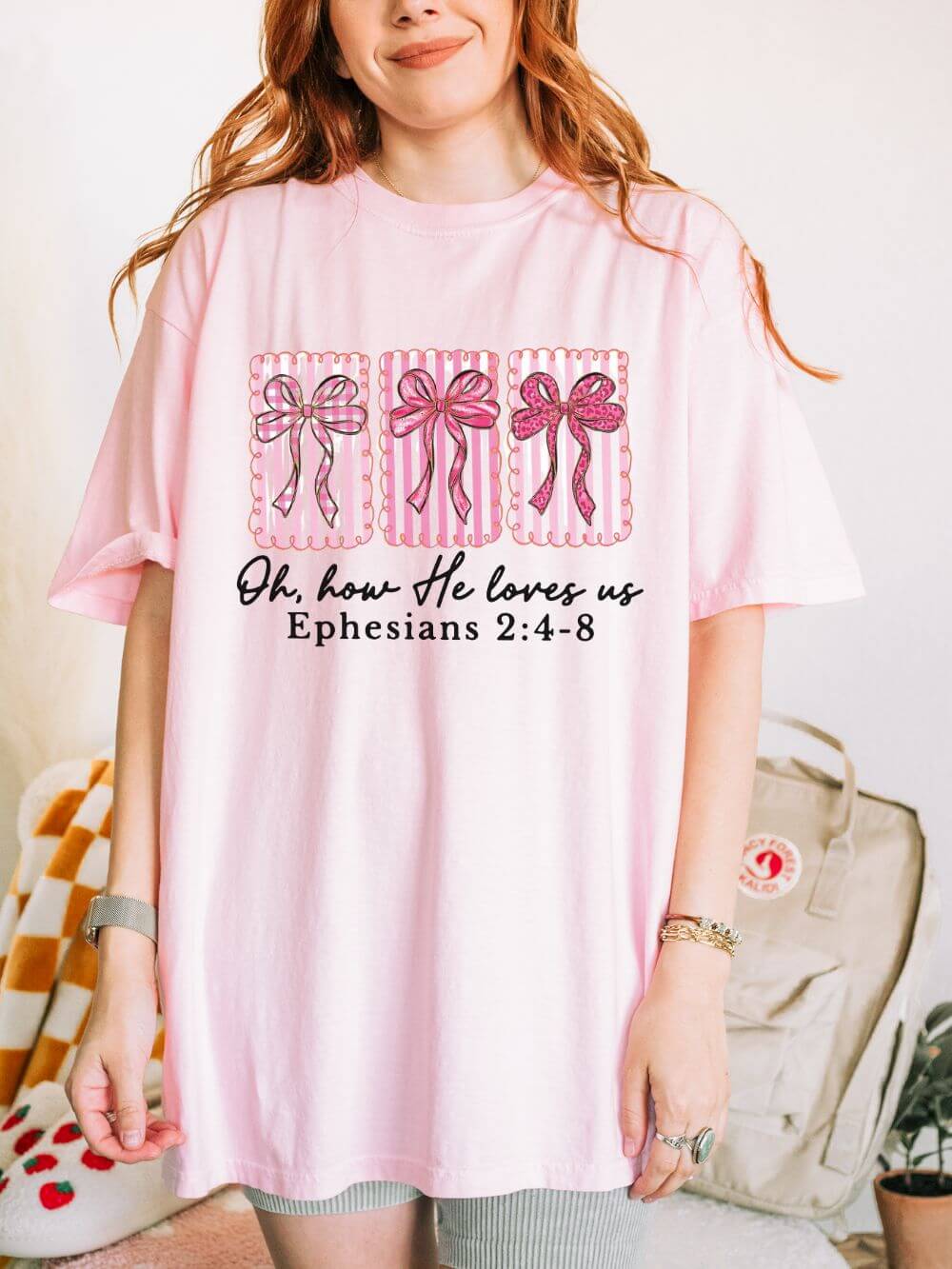 Oh How He Loves Us Ephesians 2: 4-8 Christian Valentine's Day Graphic T-Shirt Unisex Short Sleeve Tee