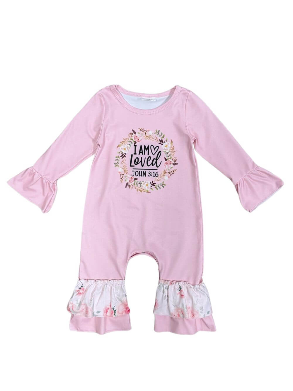 I Am Loved John 3:16 Girls Ruffle Trim Pink Baby Romper - Sydney So Sweet