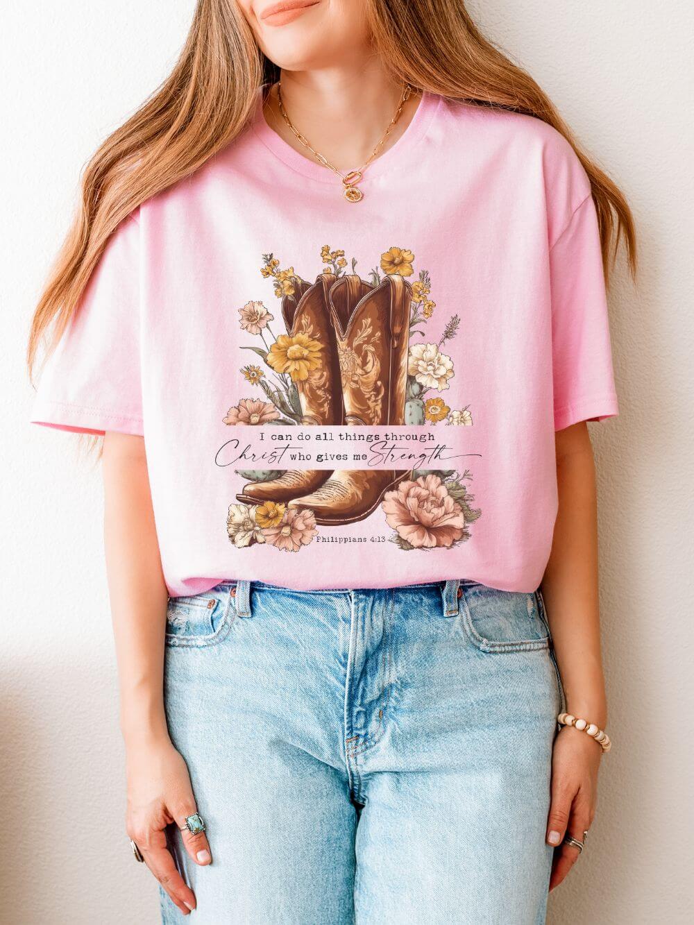 I Can Do All Things Through Christ Cowboy Boots Floral T-Shirt Western Boho Graphic Tee