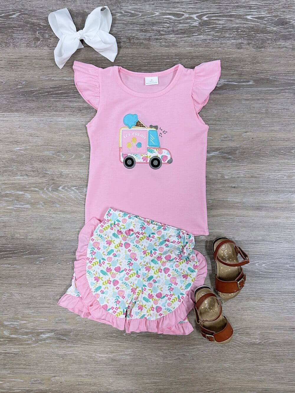 Ice Cream &amp; Flowers Summer Girls Pink Ruffle Shorts Outfit - Sydney So Sweet