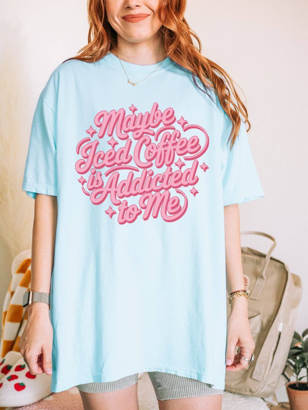 Maybe Iced Coffee Is Addicted to Me Retro Script T-Shirt Coffee Lover Tee