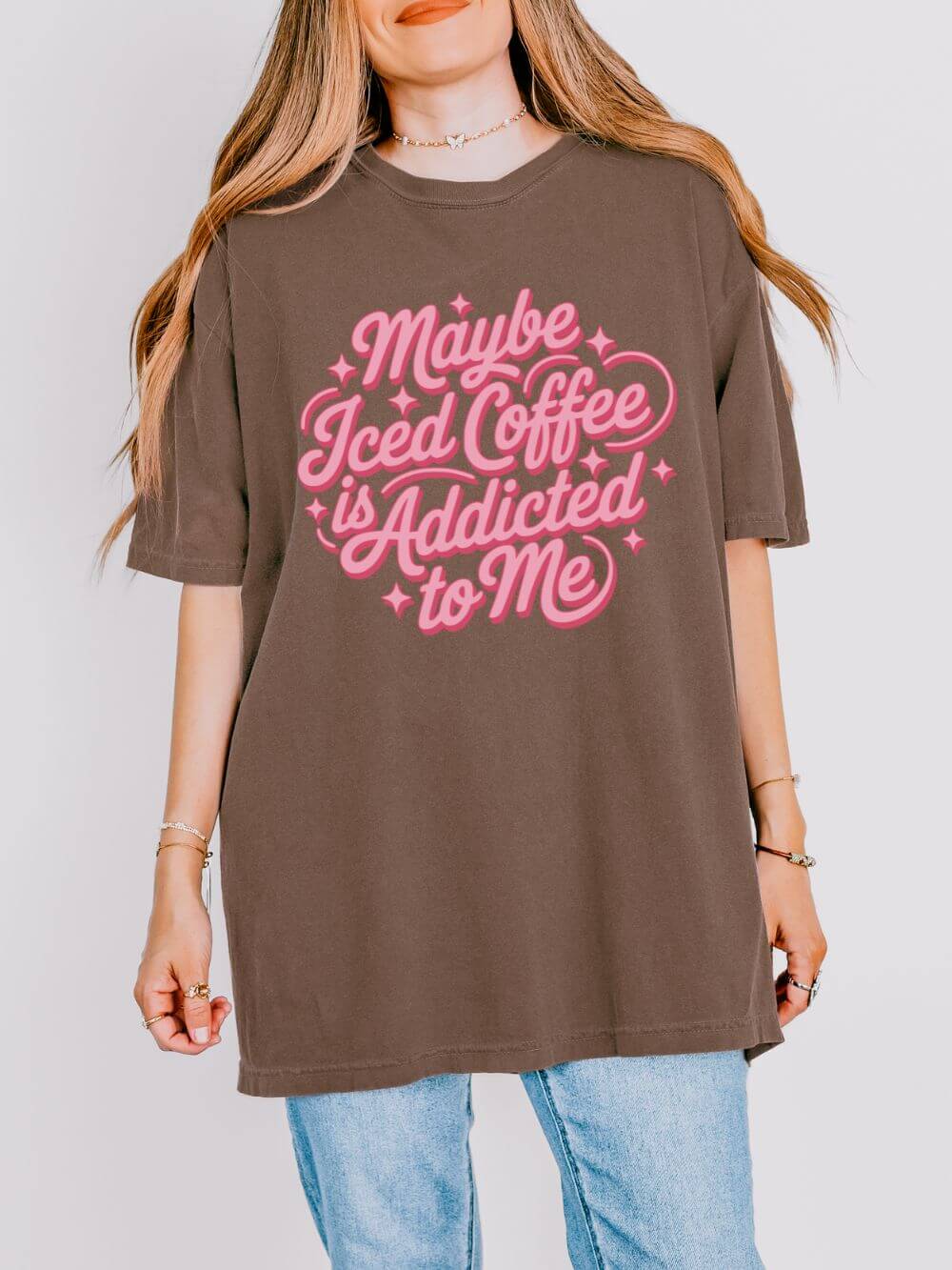 Maybe Iced Coffee Is Addicted to Me Retro Script T-Shirt Coffee Lover Tee