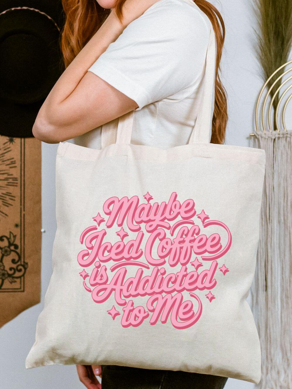 Maybe Iced Coffee is Addicted to Me Cute Pink Script Cotton Canvas Tote Bag