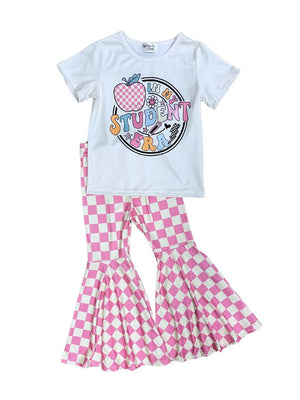 In My Student Era Pink Checkered Bell Bottom Outfit - Sydney So Sweet