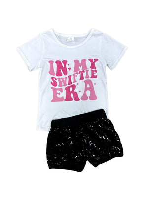 In My Swiftie Era Pink & Black Girls Sequin Shorts Outfit - Sydney So Sweet