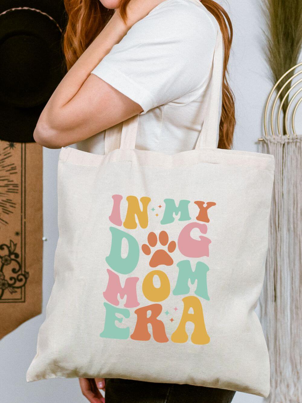 In My Dog Mom Era Retro Paw Print Canvas Tote Bag